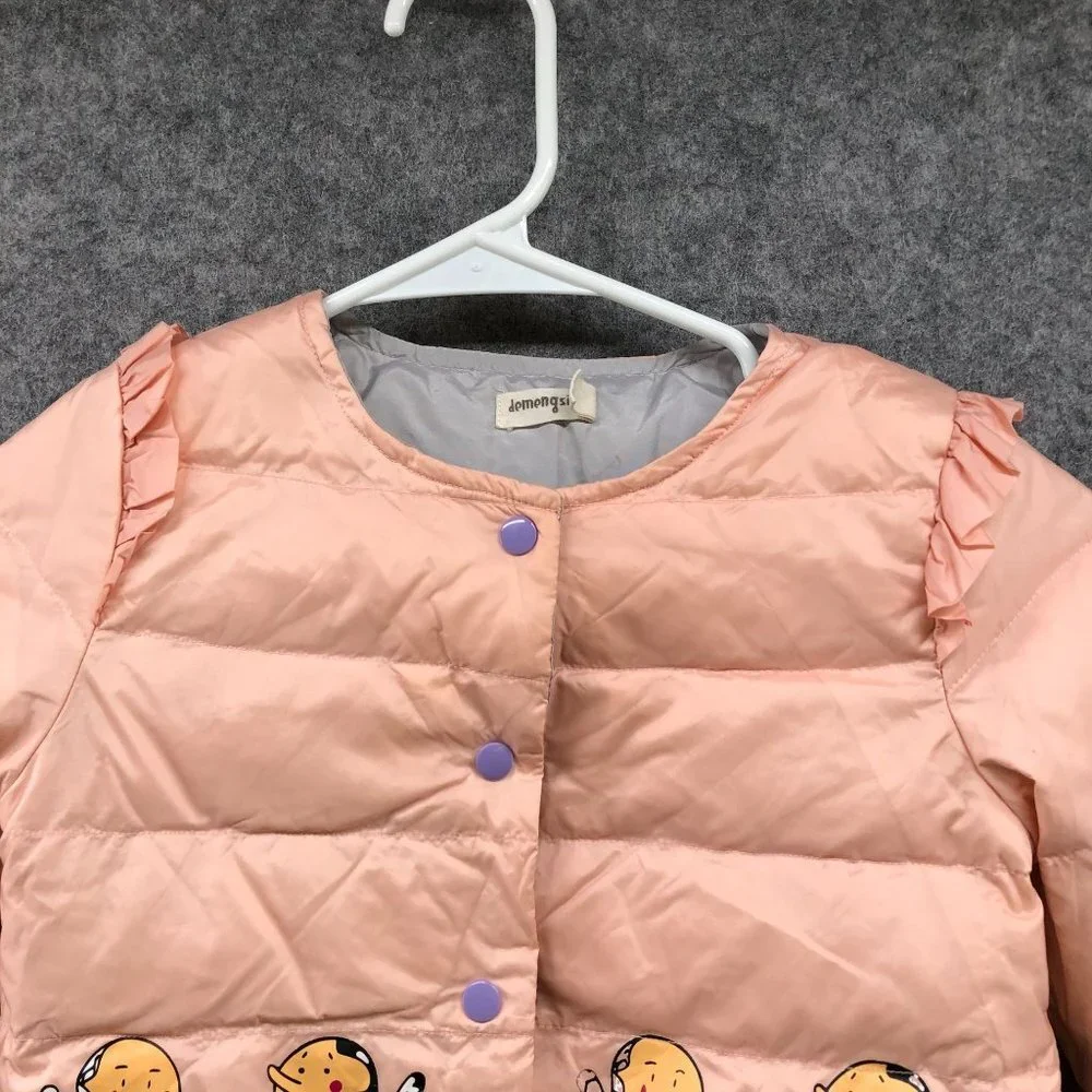 Girls 5T‎ (110) Down Puffer Jacket Pink Quilted Snap Button Popeye Olive Print